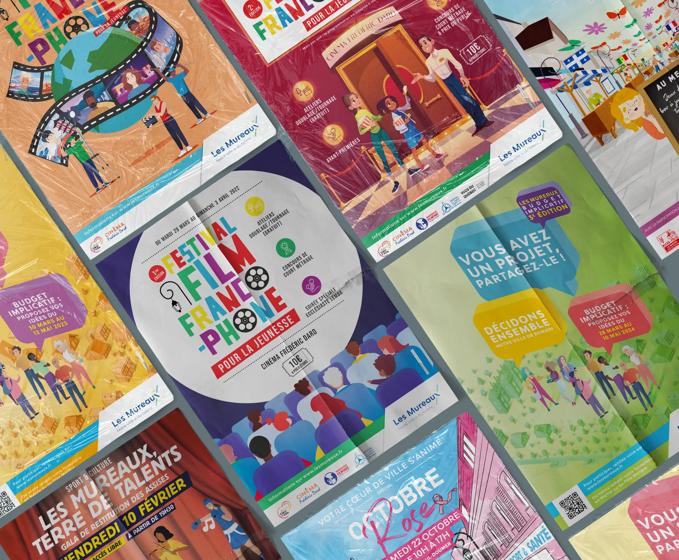 Éventail des affiches culturels colorés, résultats graphiques de l'agence de pub bordeaux EXI PUB