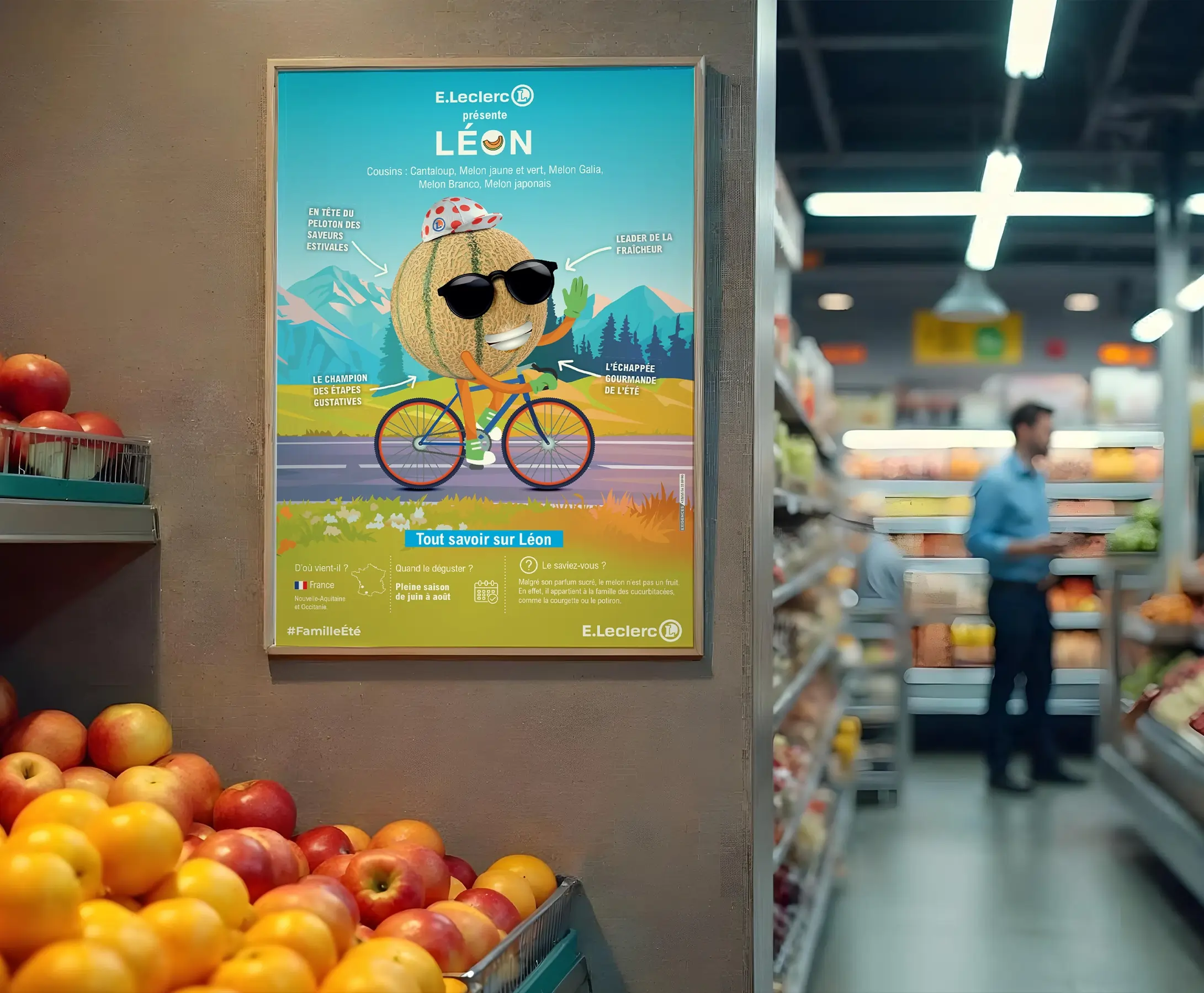Mise en situation d'une affiche présentation du personnage melon dans un magasin