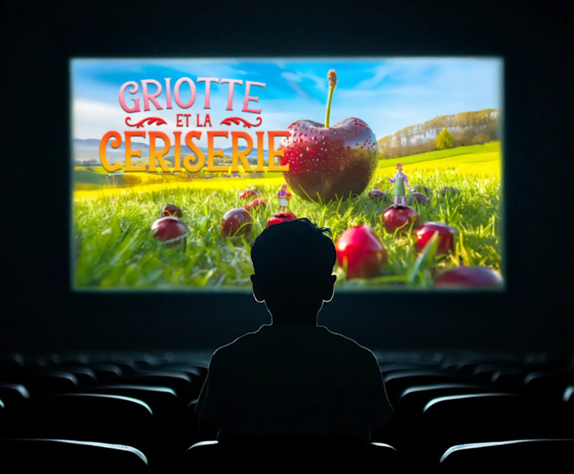 Image d'un enfant vu de dos dans un cinema avec sur l'écran une vidéo de la campagne publicitaire