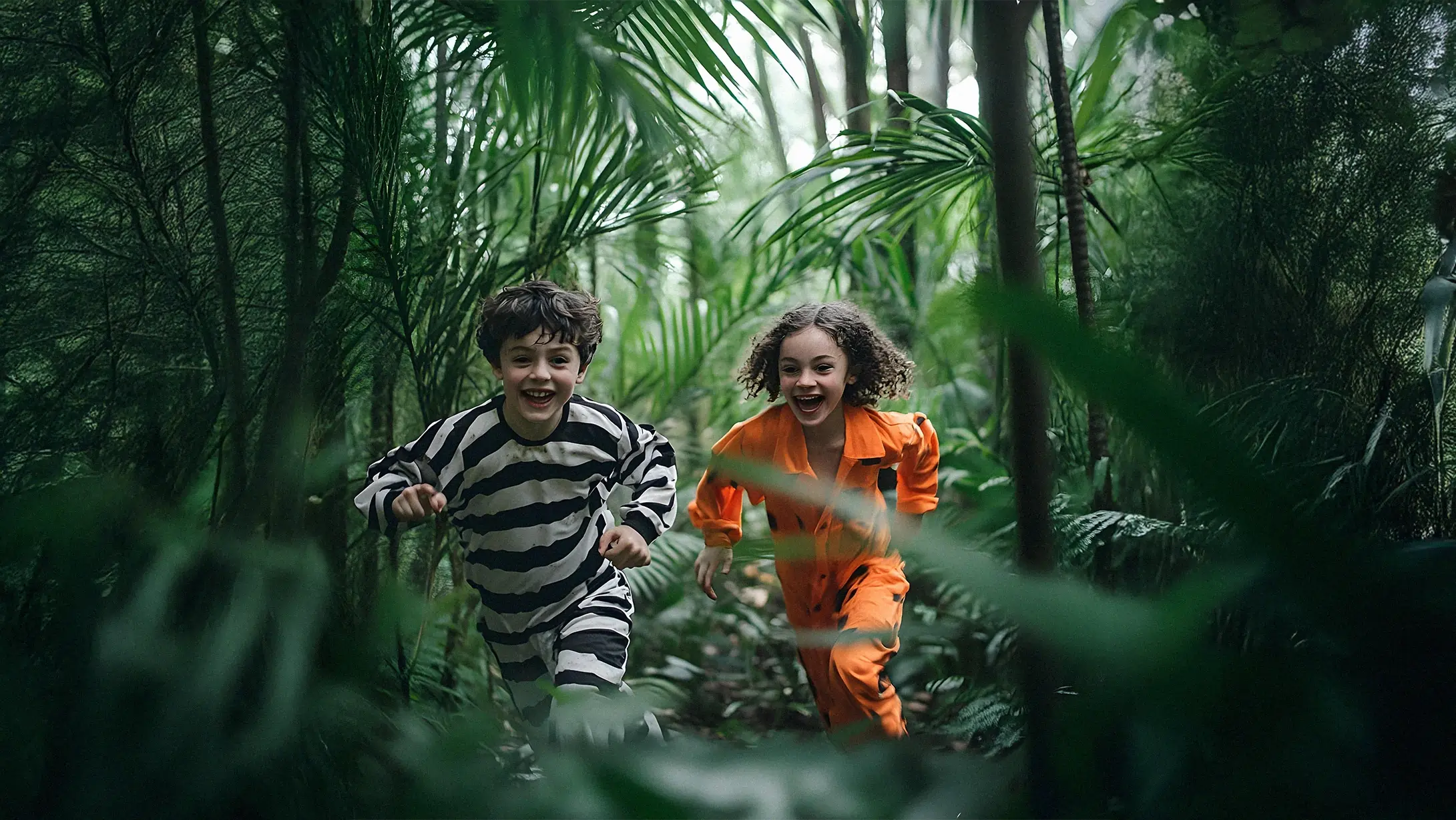 2 enfants déguisés en prisonniers qui courent dans la jungle en rigolant