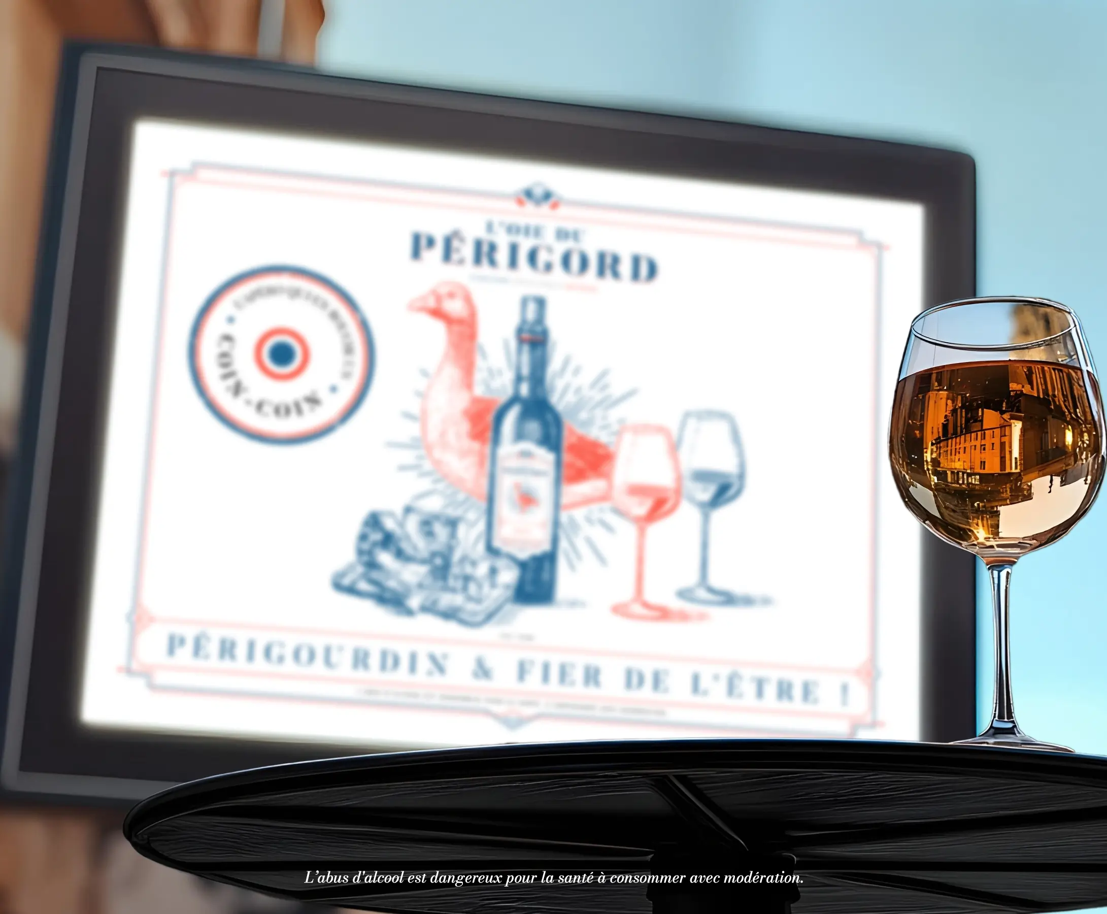 Une femme dégustant un verre de vin en premier plan et un affichage de la campagne en second plan