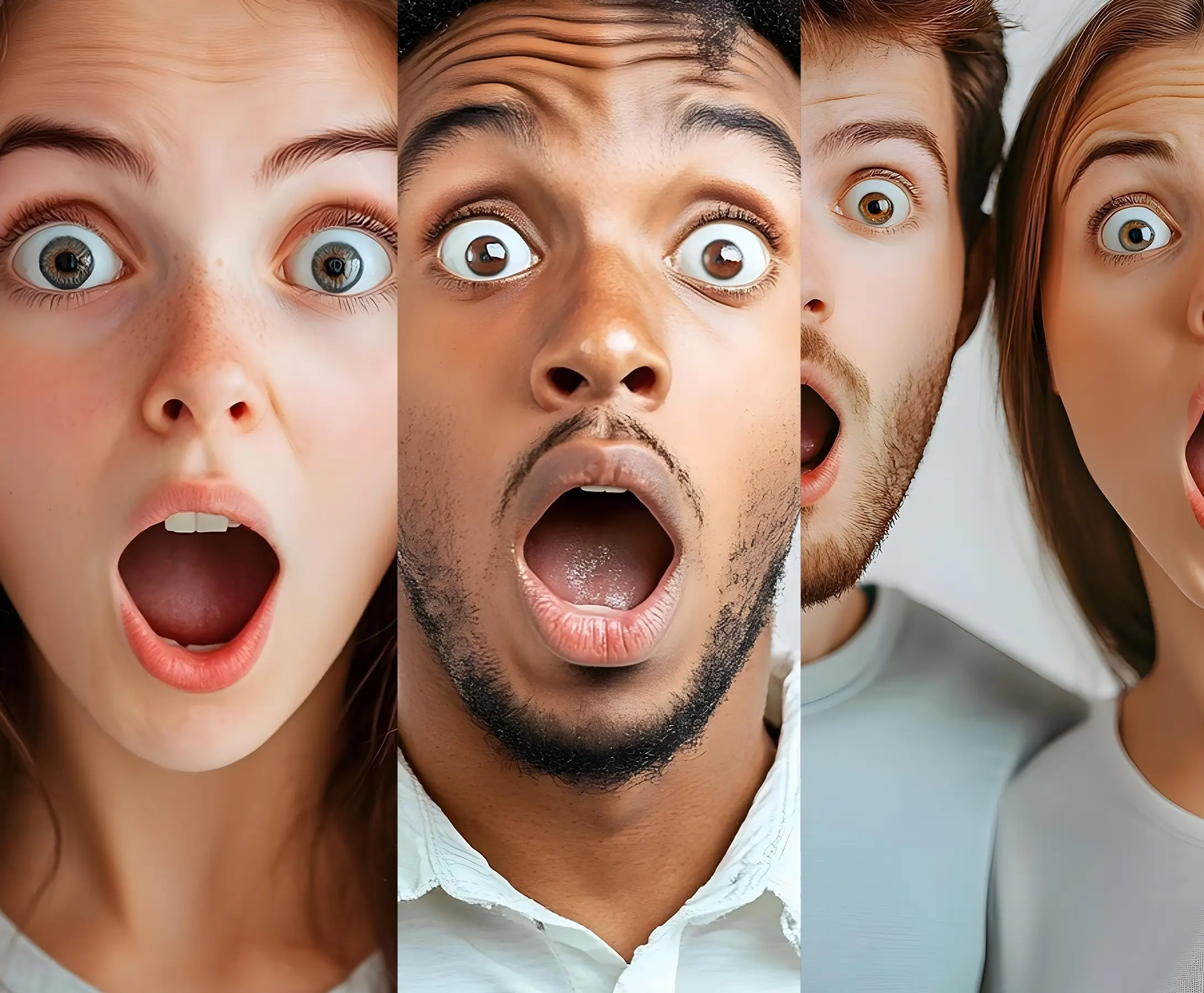 visages d'une fille, d'un jeune homme ou d'un couple qui sont surpris de pouvoir devenir propriétaire