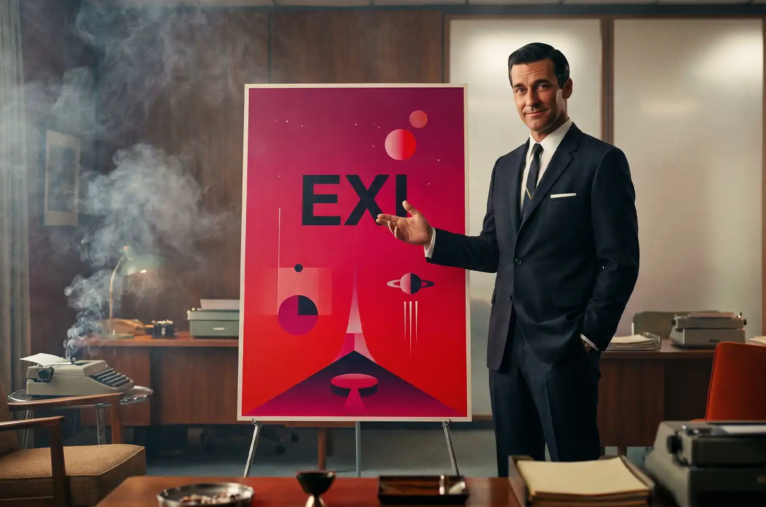 photo dans un bureau d'un publicitaire style "don draper" en train de présenter une campagne 