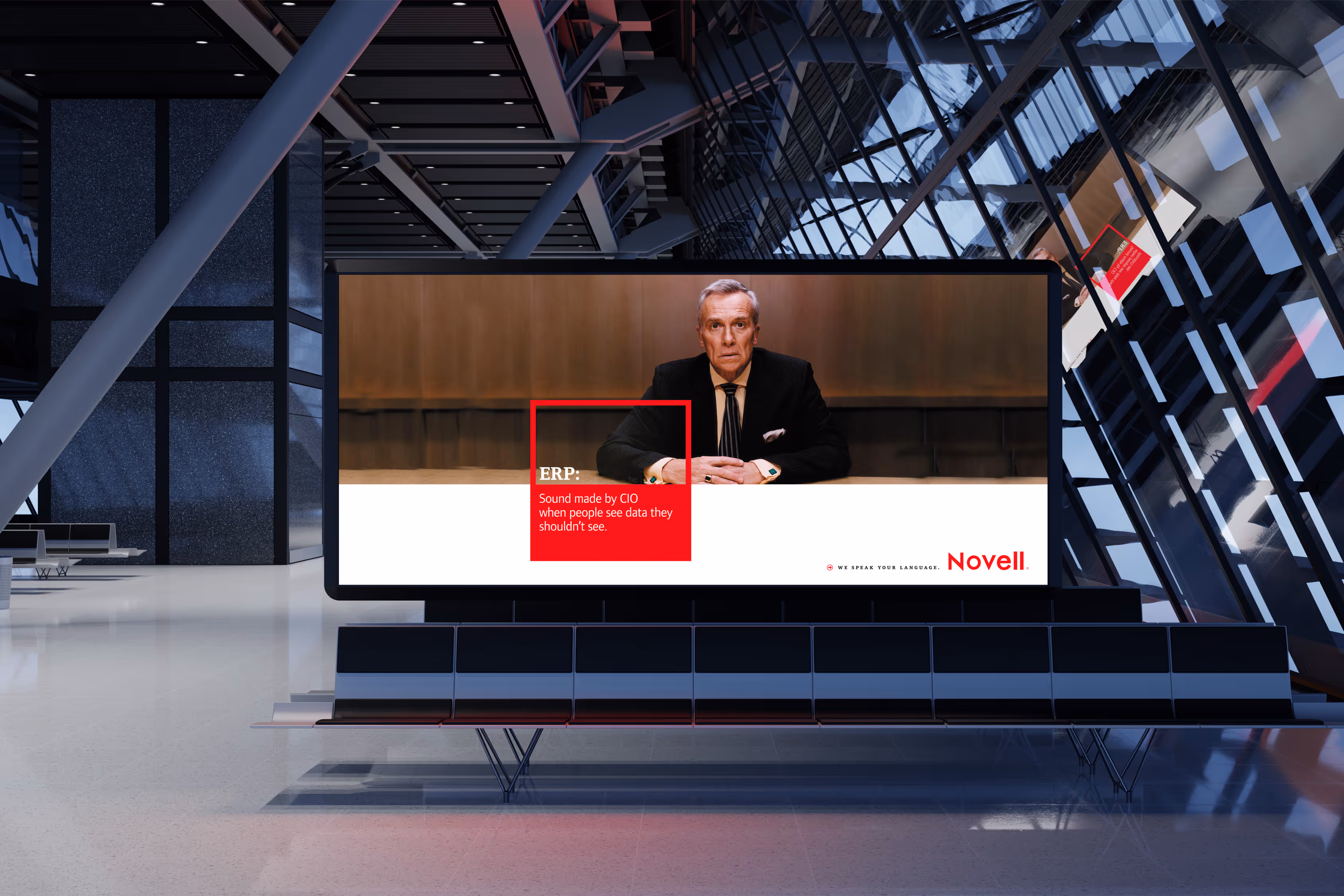 Novell poster at airport gate, backlit.
