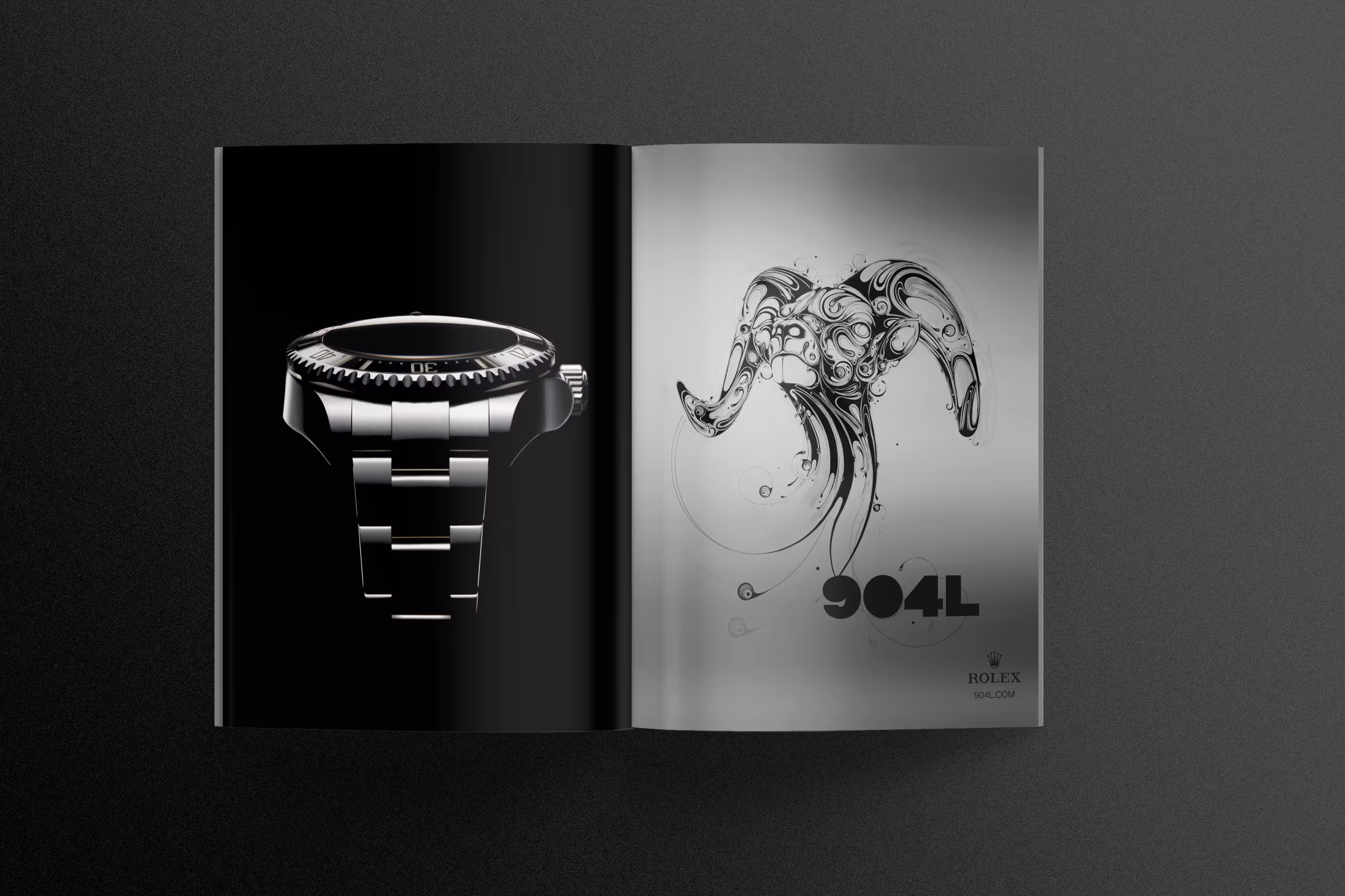 Black and white ad for Rolex. Big watch image on the left page and illustrated ram on the right.