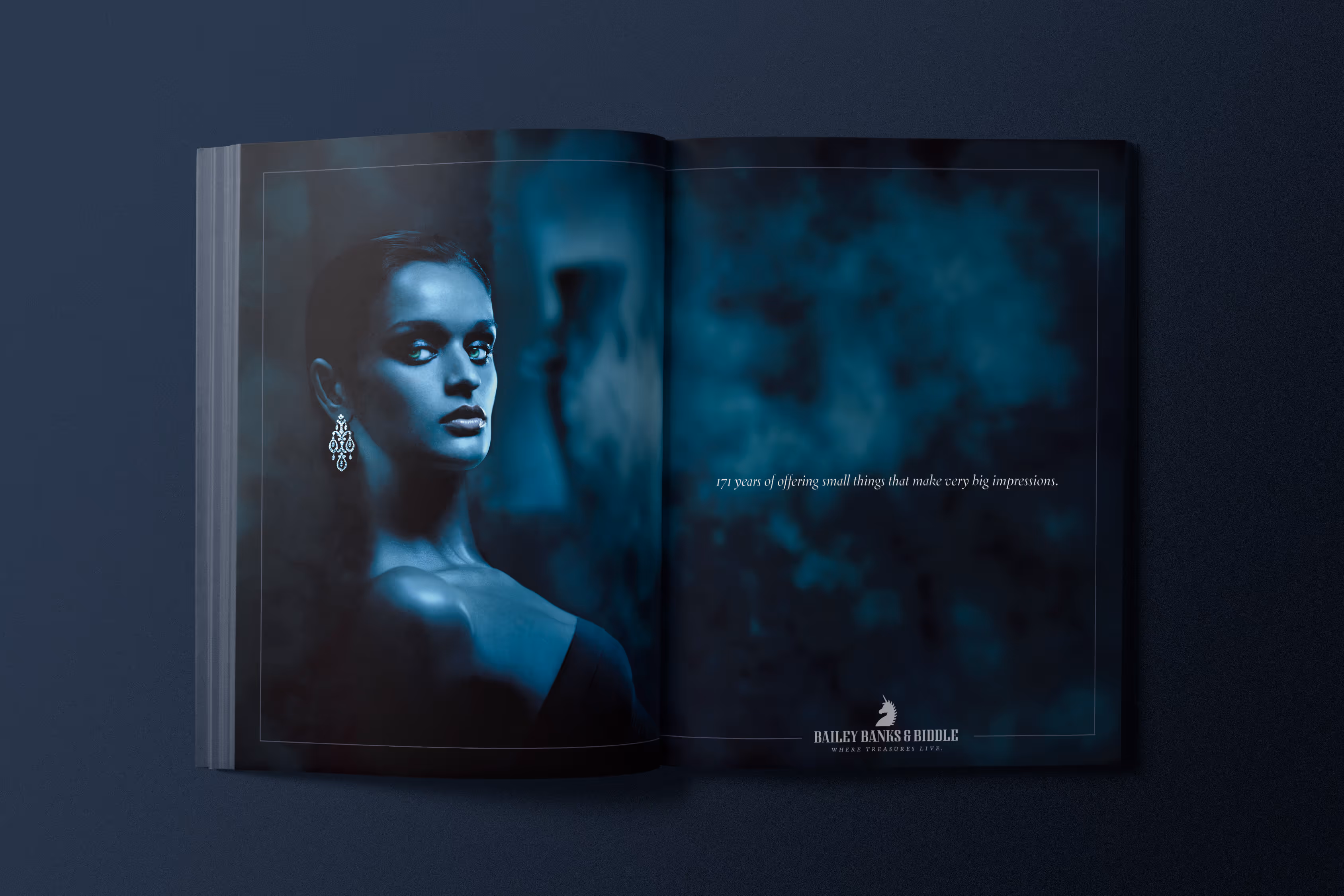 Magazine spread for Bailey, Banks & Biddle. Stylized blue to highlight the jewelry on a model. Diamond dripping earrings..