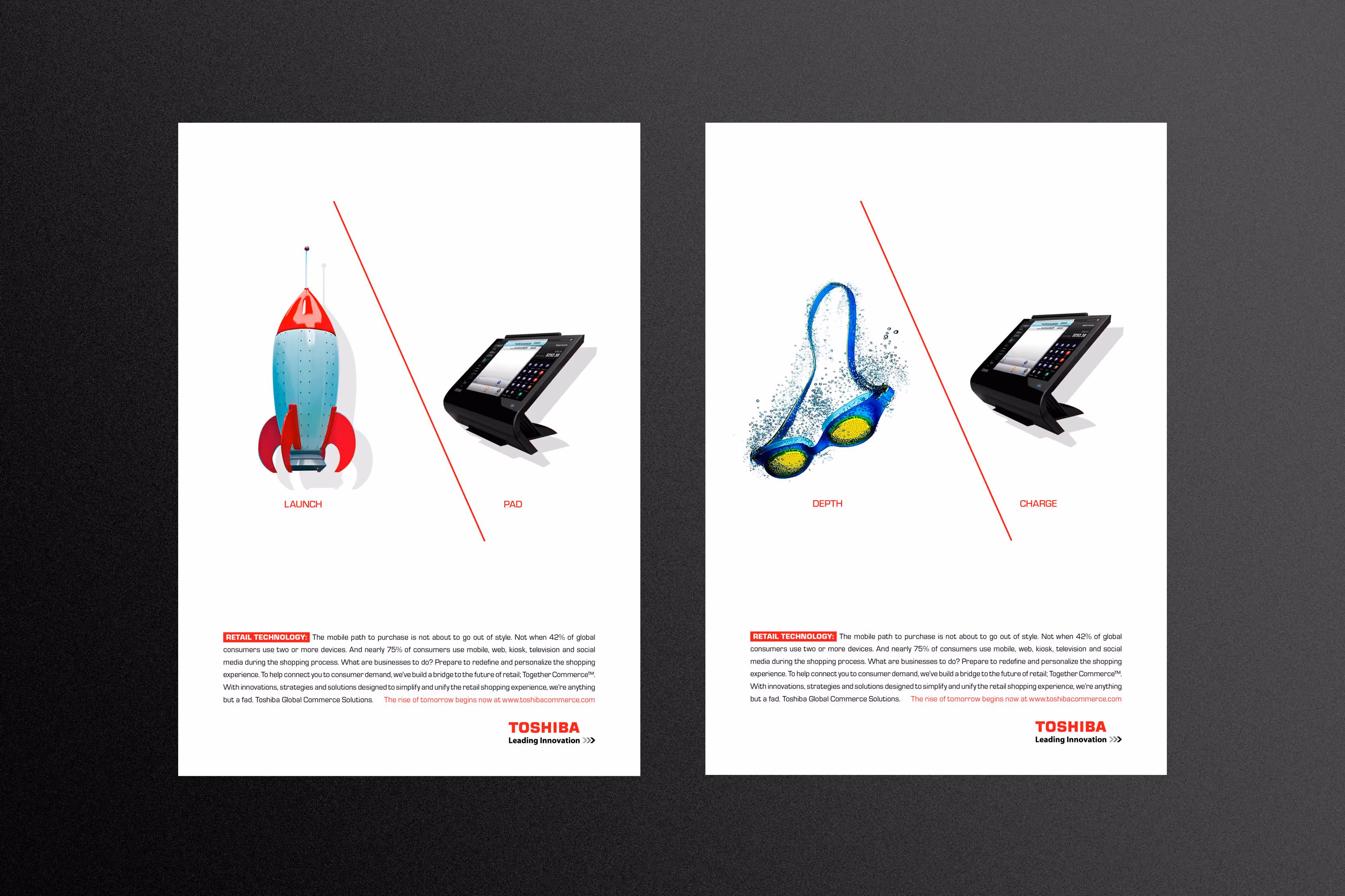2 Print ads using word play, with visuals that tie to a description of the object. Swimming glasses falling into water and the POS unit: Depth Charge.