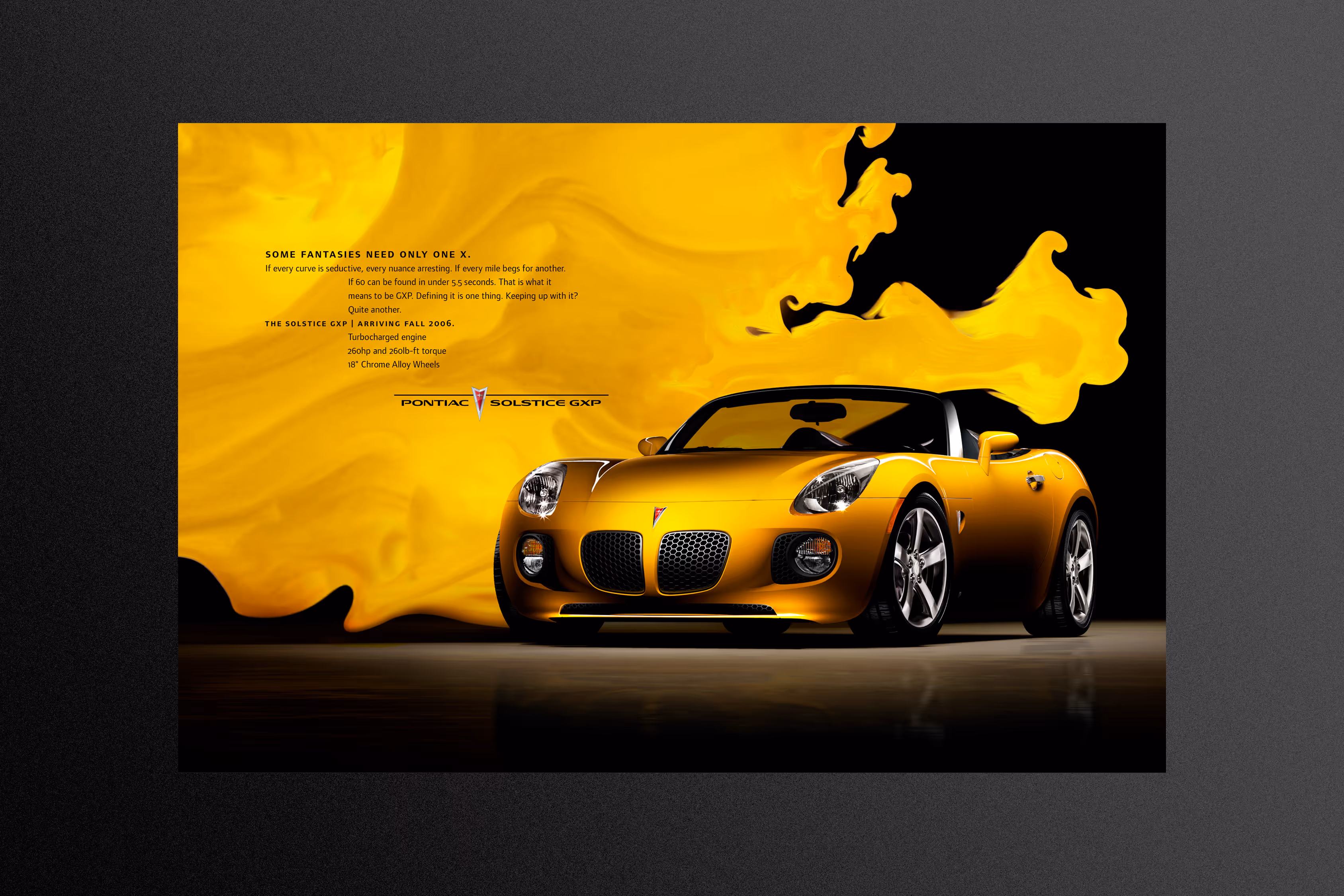 Pontiac Solstice in yellow against a flowing yellow background.