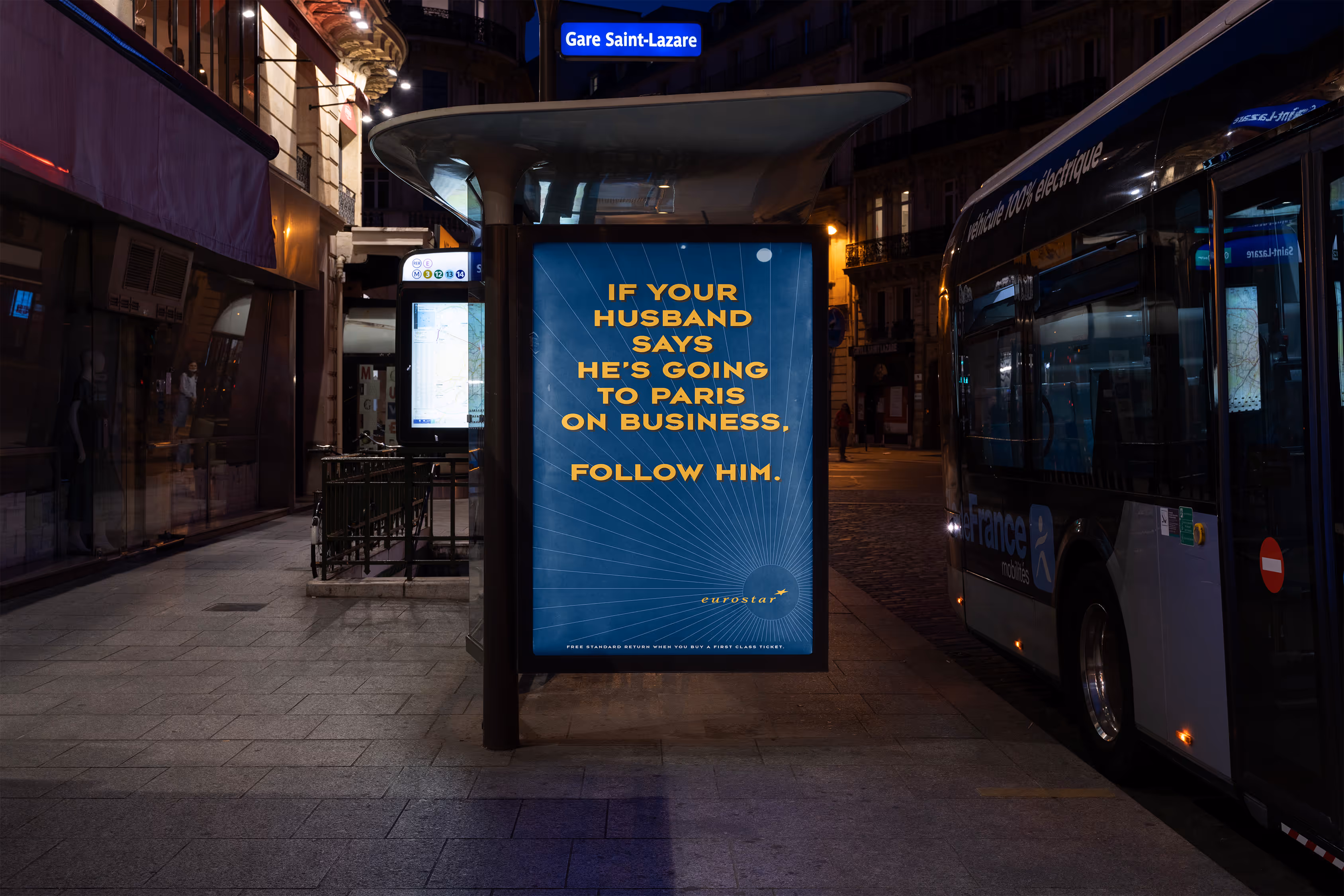 Poster for Eurostar, “If your husband goes to Paris, follow him”.