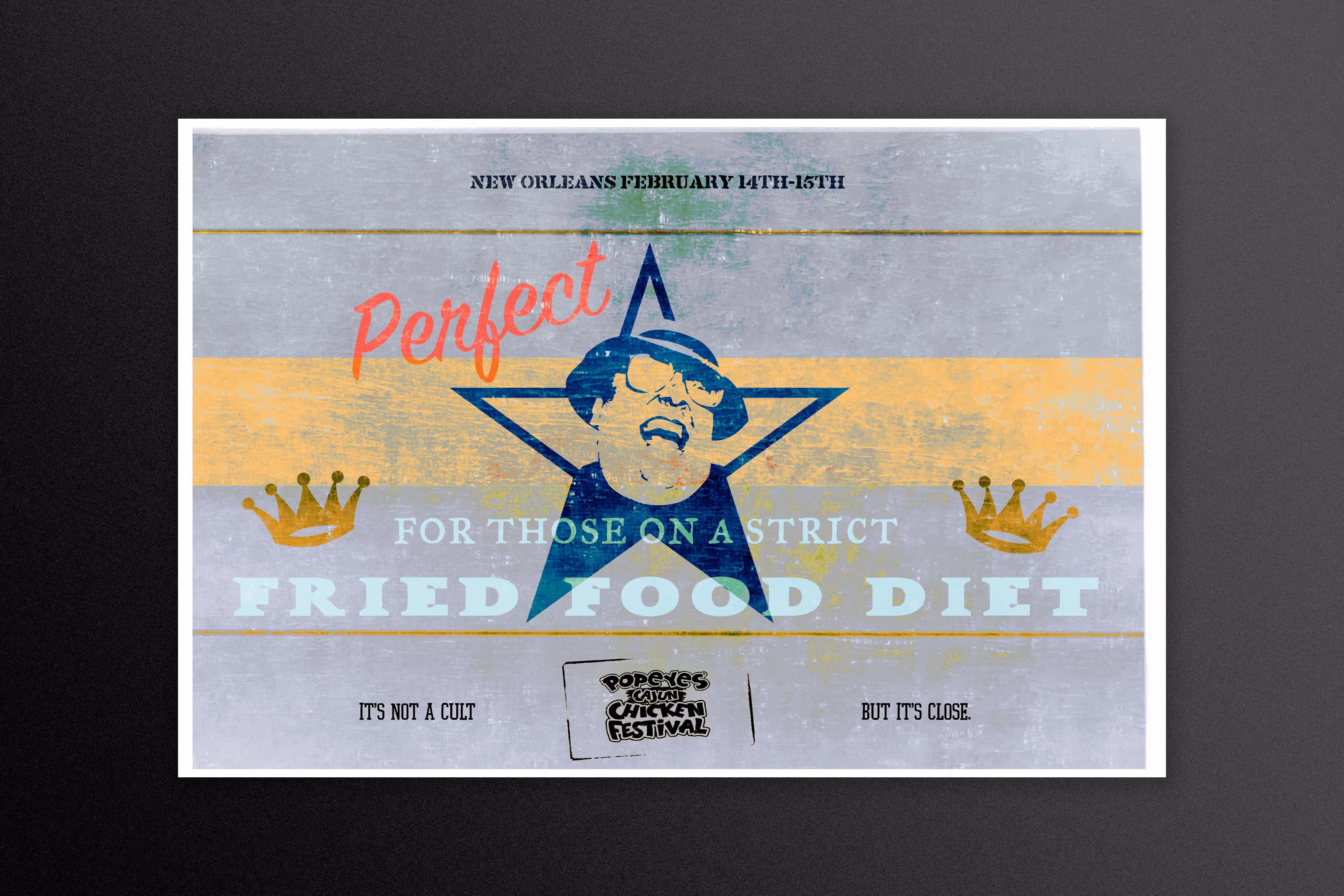 Poster for Popeyes Chicken, in the style of southern barn painted signs. Headllne “ Perfect for those on a fast food diet”.