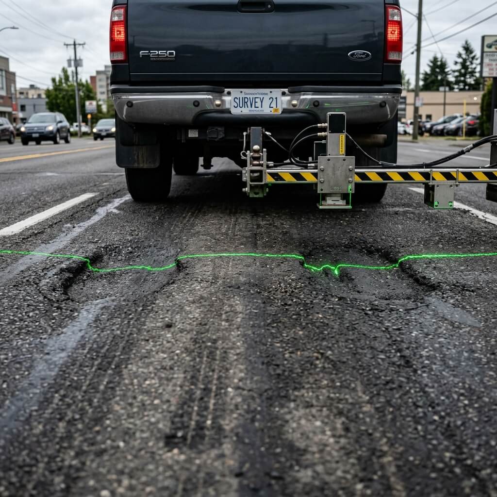 Transverse profile measurement documenting wheel path rutting depth and cross-slope for ride quality assessment and safety evaluation