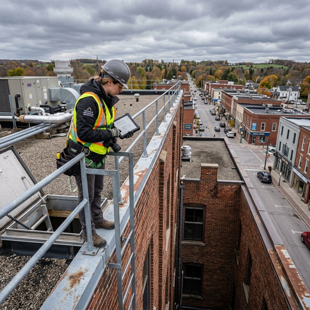 Roof assembly review for drainage, seams, and wear.