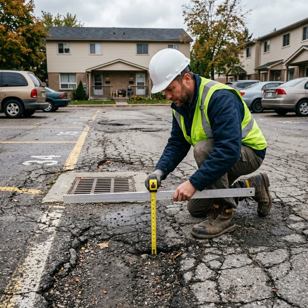 Asphalt & concrete parking surface review for drainage, cracking, and settlement.