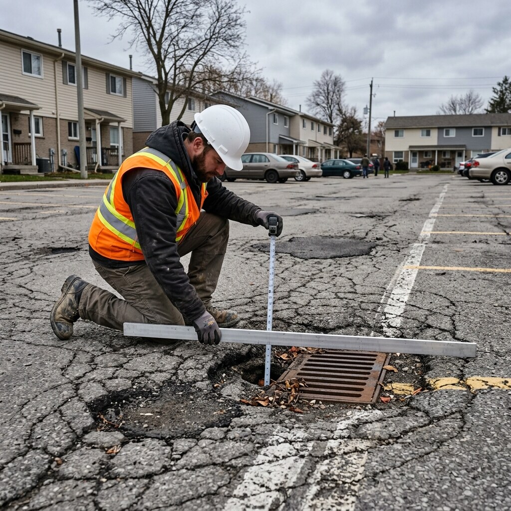 Asphalt & concrete parking surface review for drainage, cracking, and settlement.