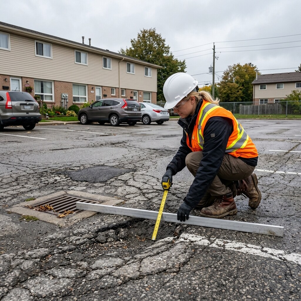 Asphalt & concrete parking surface review for drainage, cracking, and settlement.