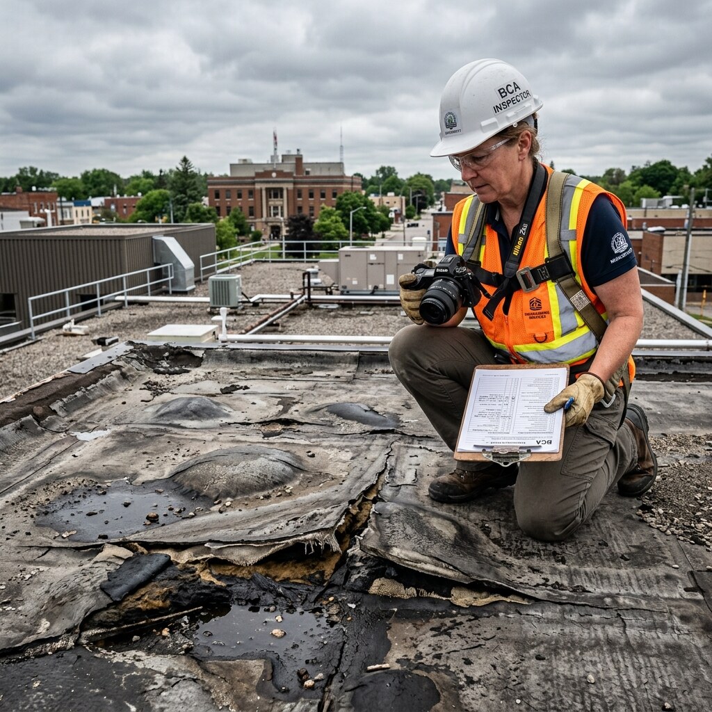 Roof assembly review for drainage, seams, and wear.