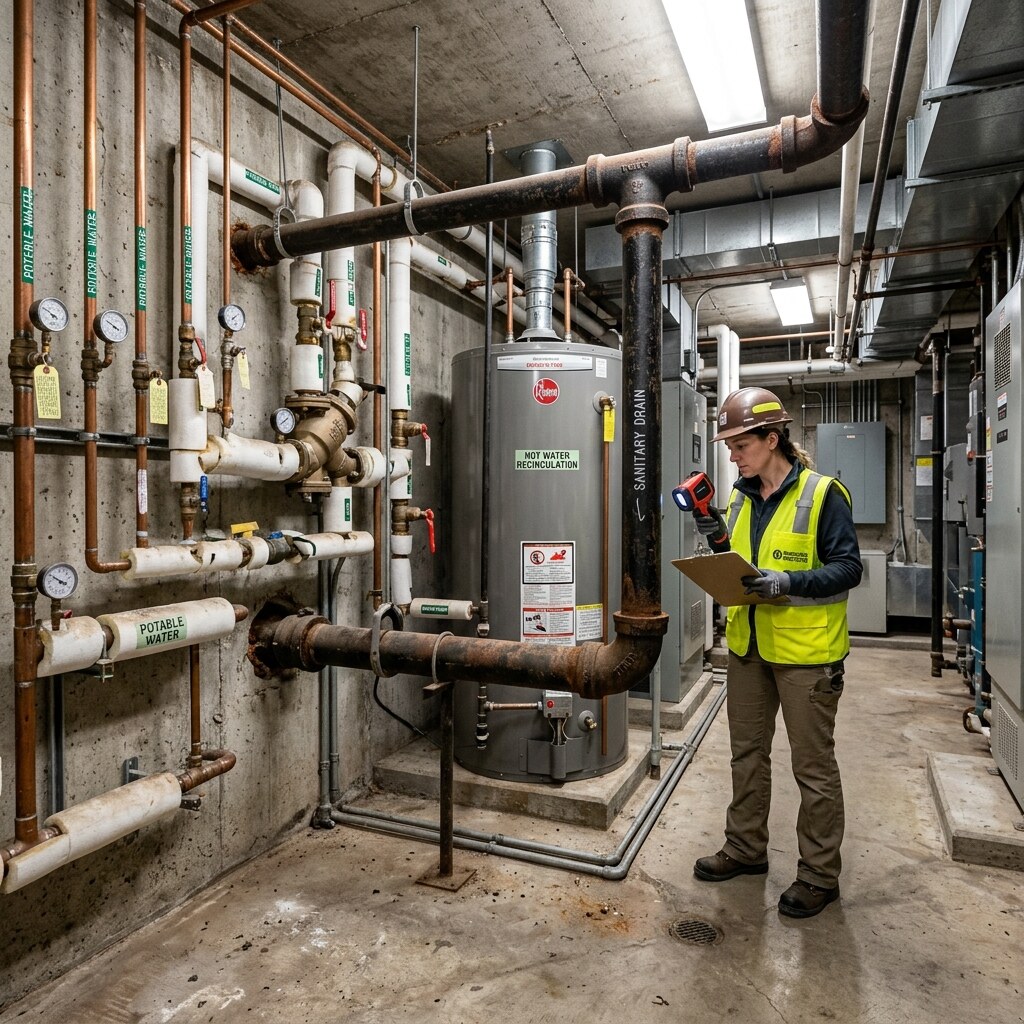 Plumbing system review for piping, fixtures, and service life.