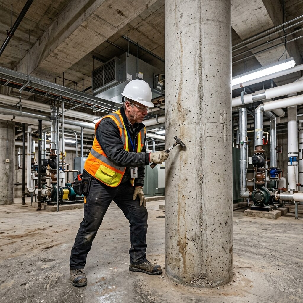 Rebound hammer testing for in-place material strength.