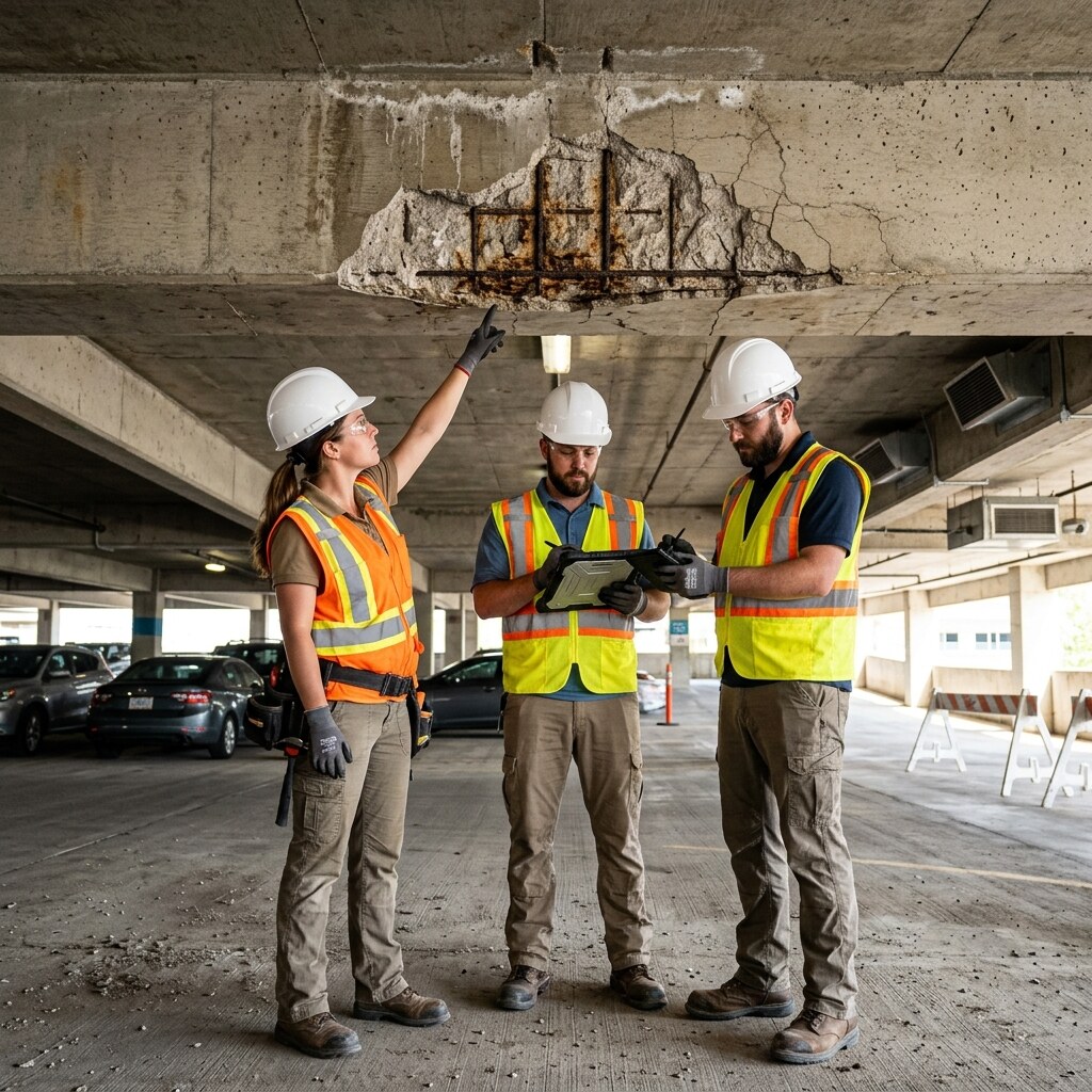 Concrete surface review for cracking, spalling, and exposure.