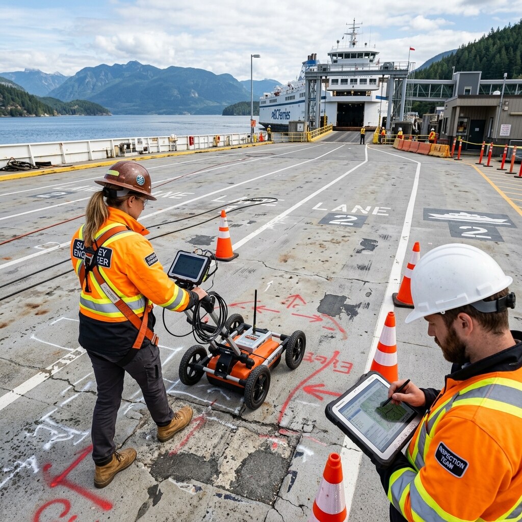 Dock deck survey for surface wear, drainage, and defects.