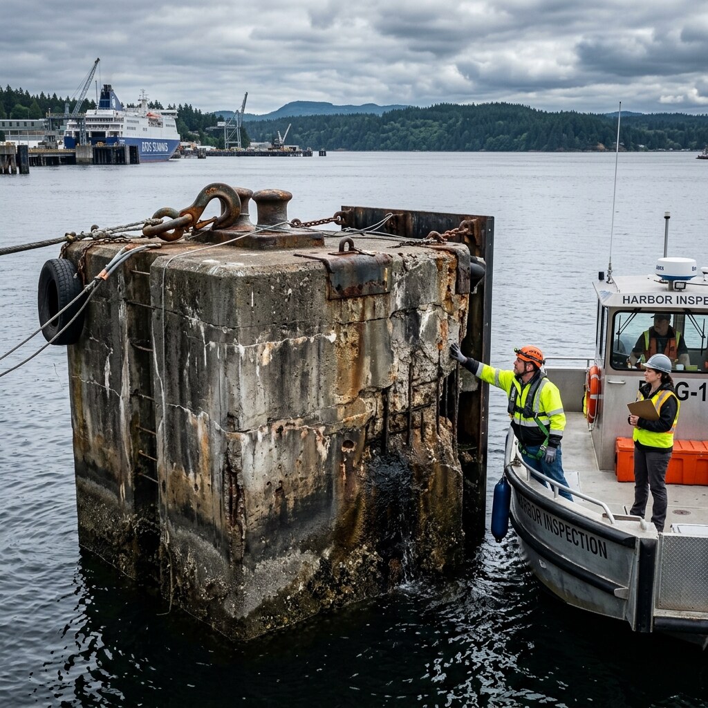 Mooring dolphin inspection for connections and impact wear.