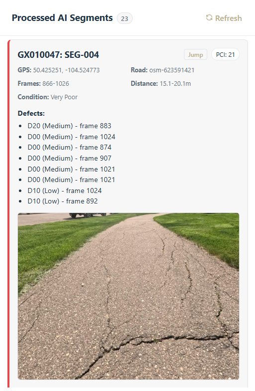 Our proprietary Artificial Intelligence replaces subjective human estimates by automatically detecting and classifying every defect into standardized, ASTM D6433-compliant PCI scores.