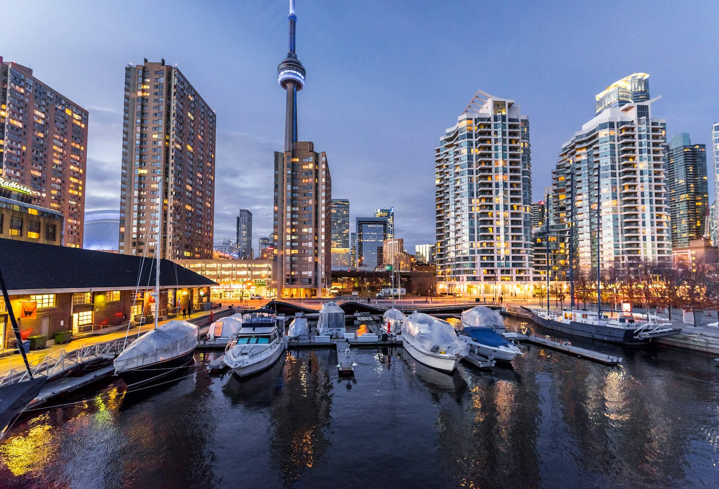 City skyline and harbour at dusk