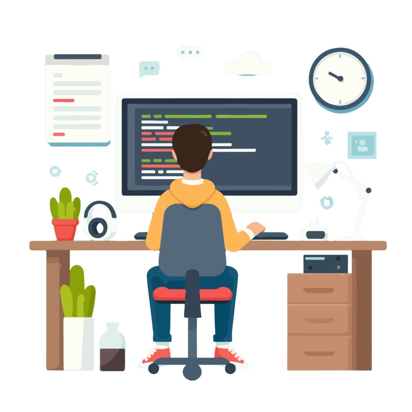 Illustration of software engineer coding at desk, representing QOLMT team developing technology to keep athletes healthy.