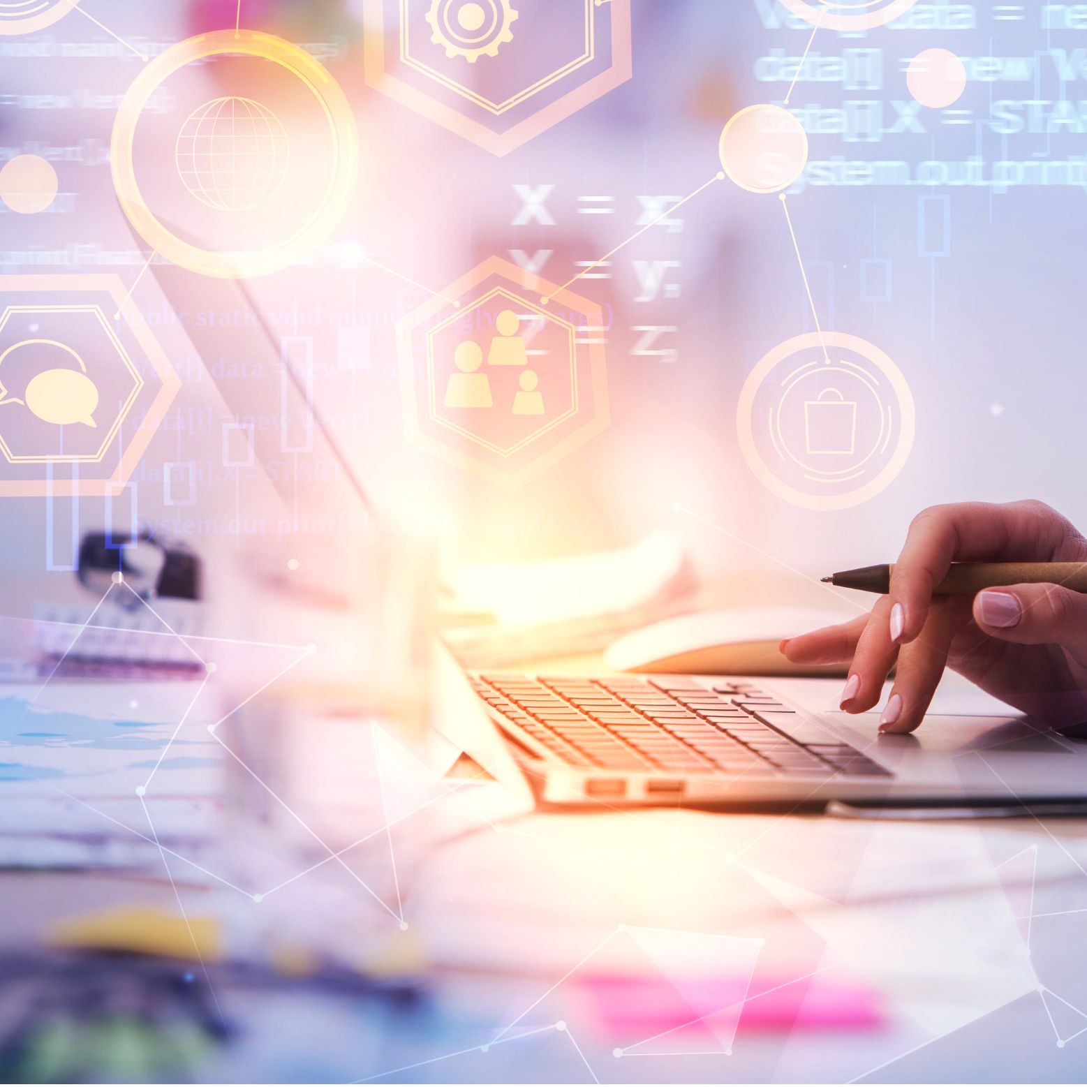 Person typing on laptop with digital overlay of analytics icons, illustrating QOLMT’s salary-based ROI calculation tool.