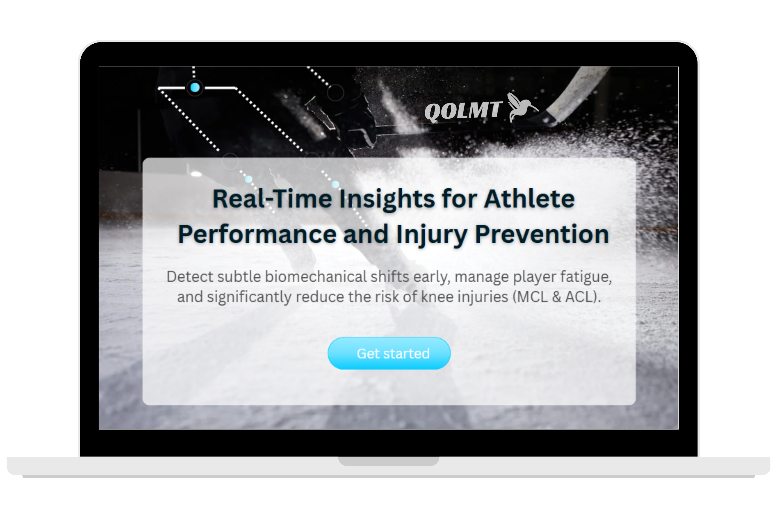 Laptop screen showing QOLMT real-time insights interface for athlete performance and injury prevention.