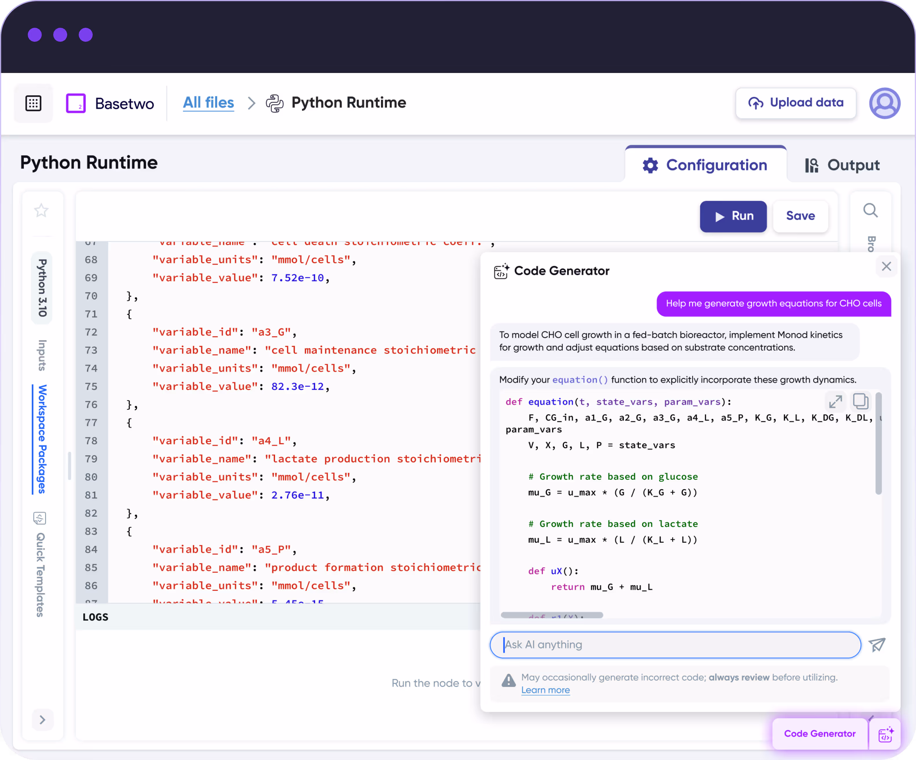 Python coding environment and code generator using a chatbot on the Basetwo platform
