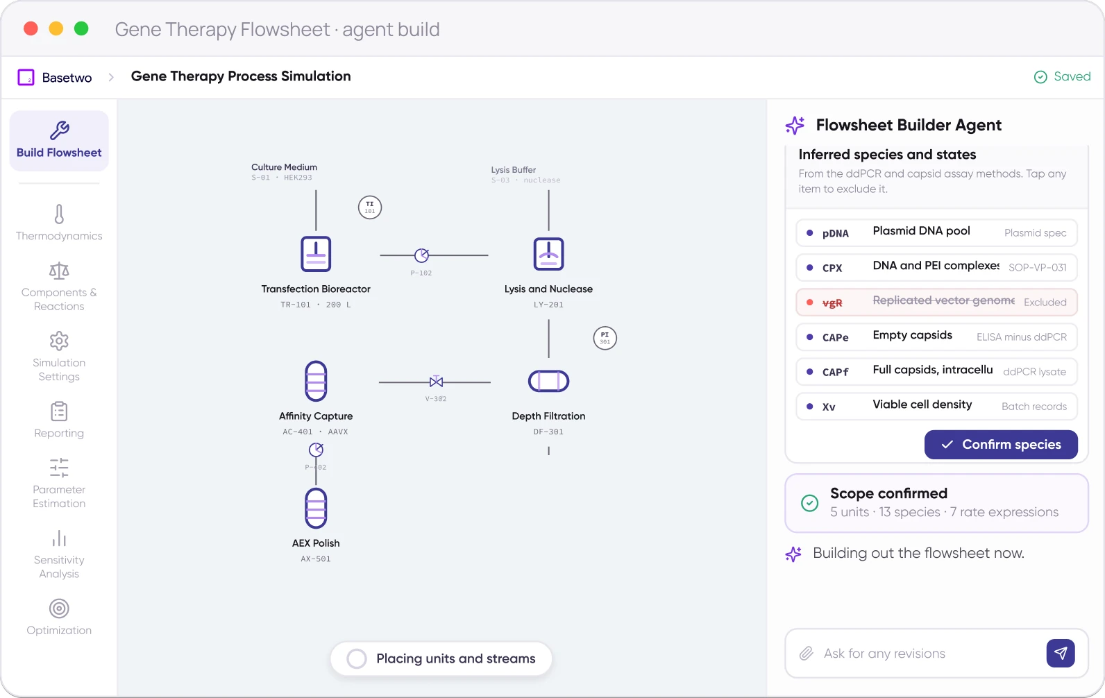 Basetwo hybrid model flowsheet with editable equations and parameters