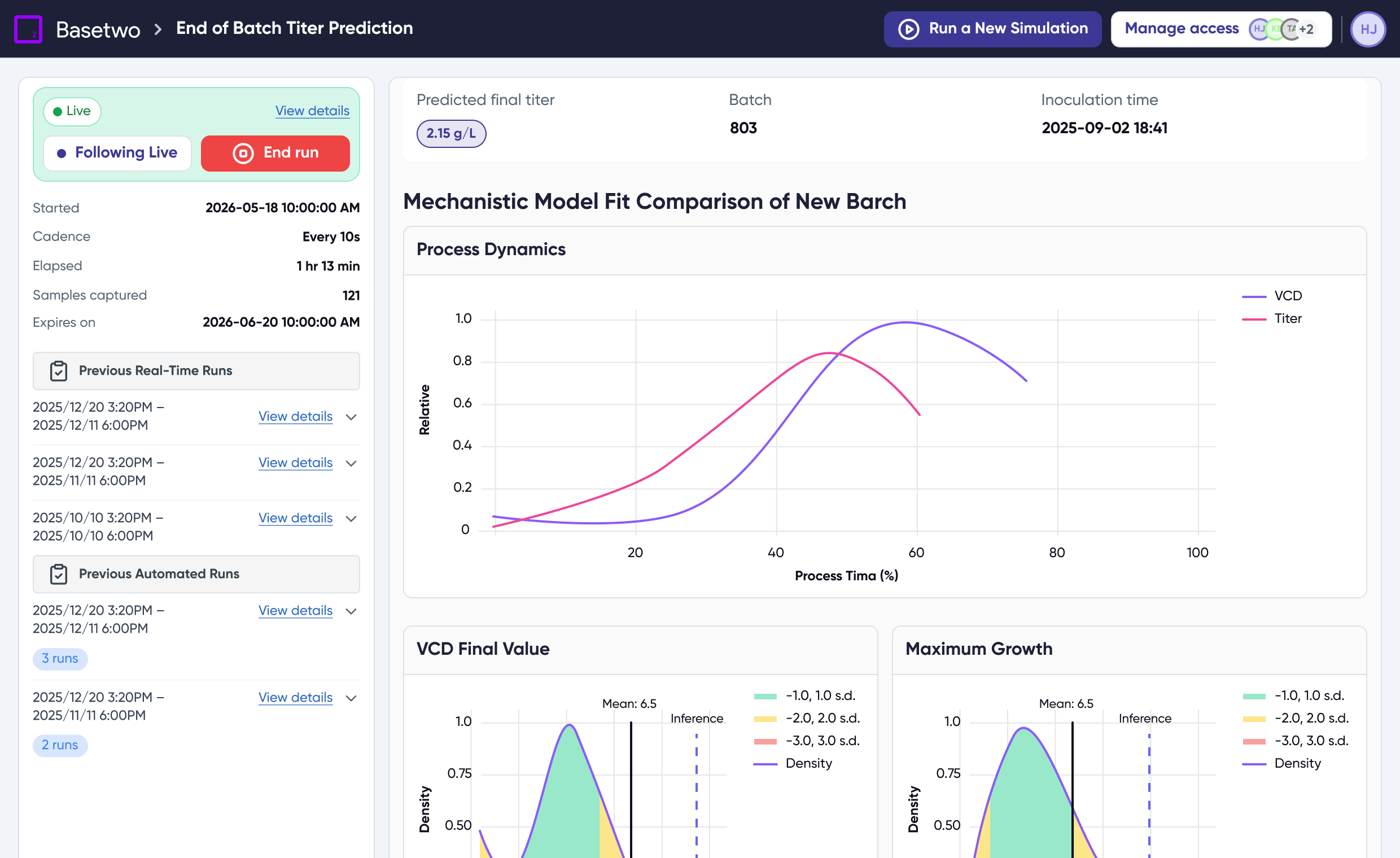 Basetwo End of Batch Titer Prediction app with live run and mechanistic model fit