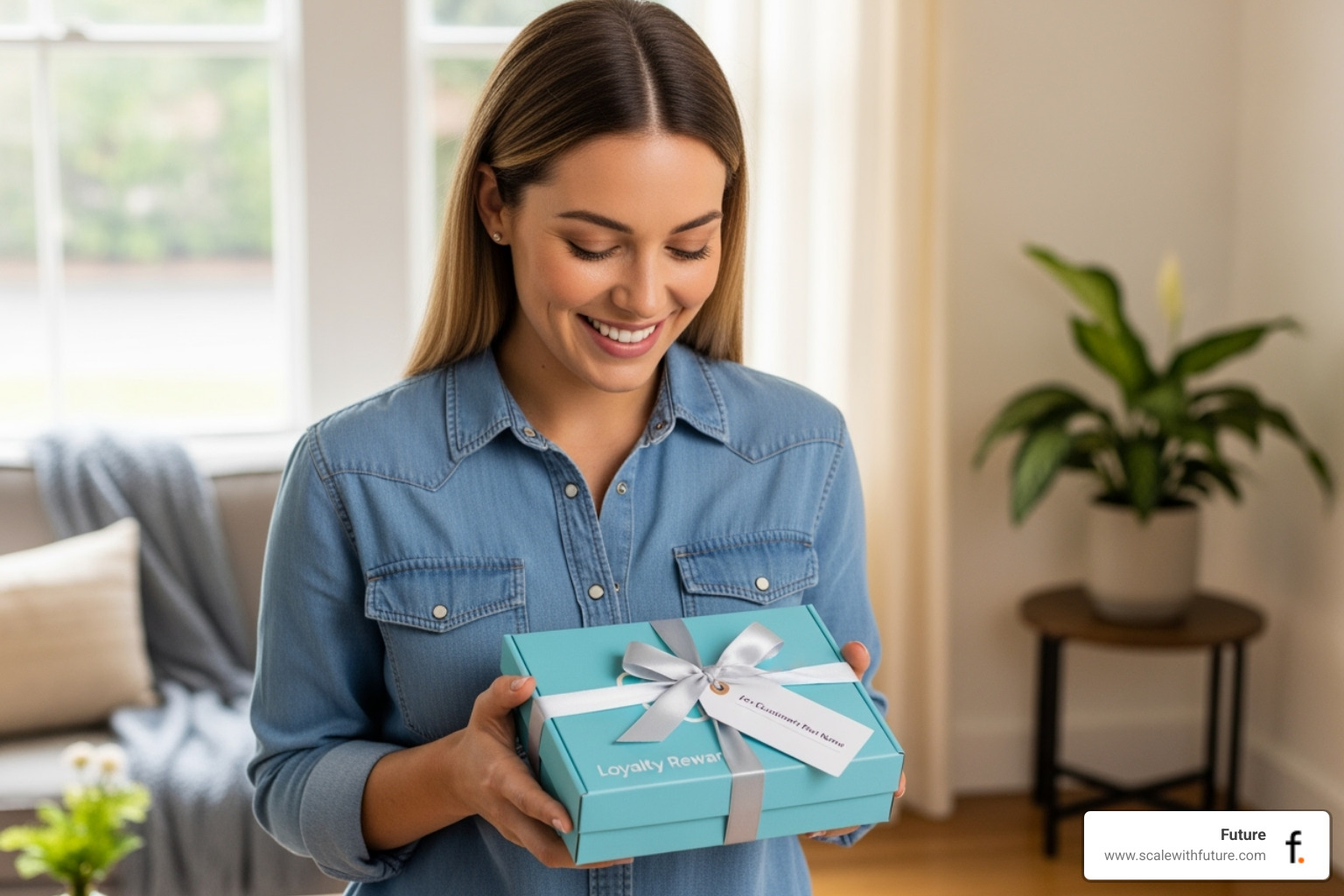 Image showing a customer receiving a loyalty reward, perhaps a personalized package or an exclusive digital badge - full funnel marketing