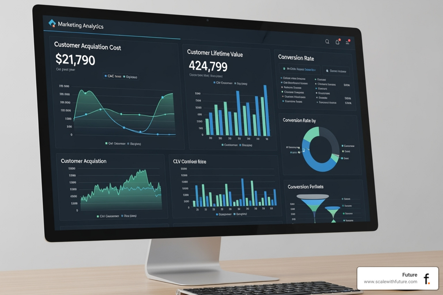 A marketing analytics dashboard displaying key metrics like Customer Acquisition Cost (CAC), Customer Lifetime Value (CLV), and Conversion Rate, showing trends and performance indicators - Maximize marketing ROI