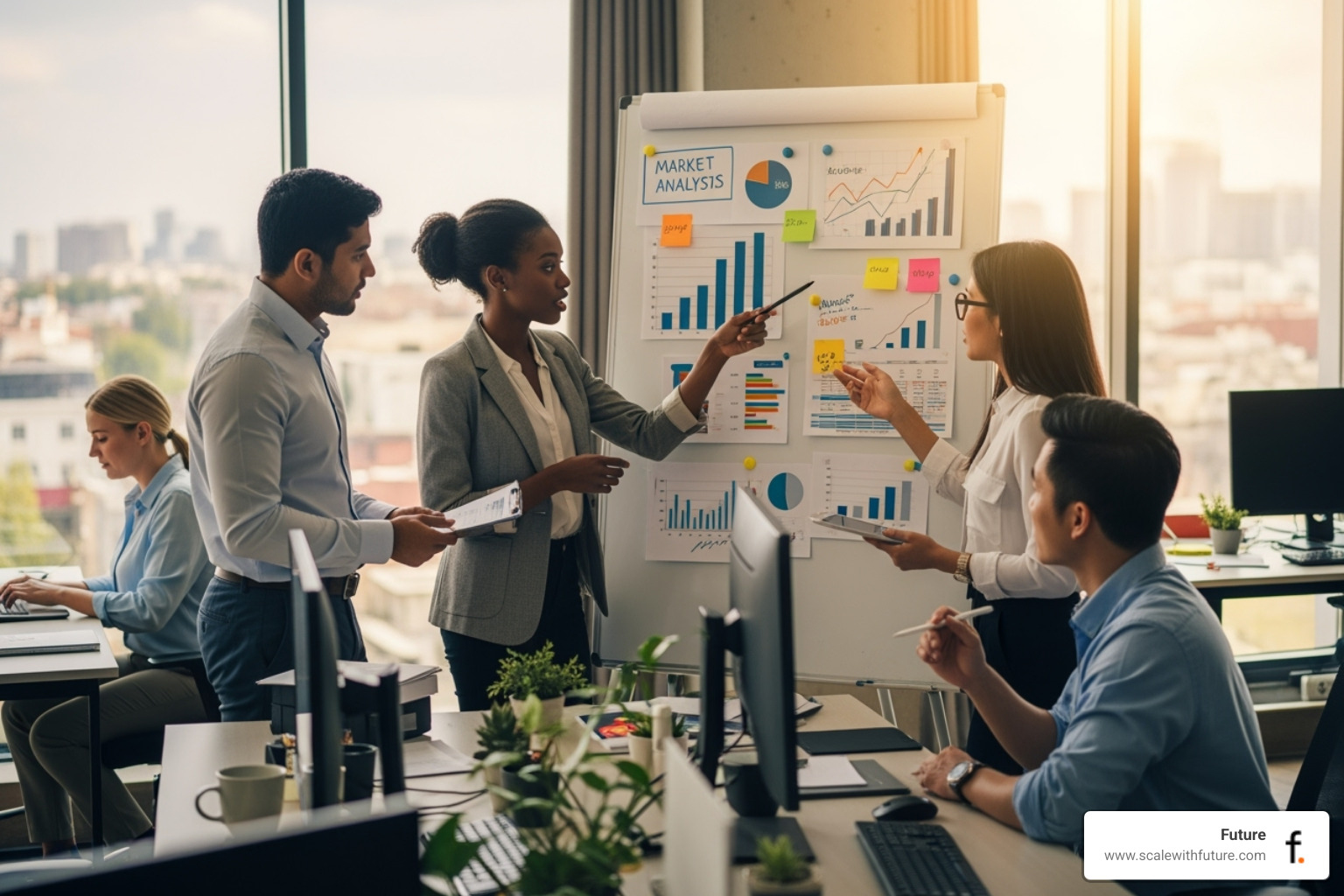 A team collaborating around a whiteboard with charts and graphs, actively discussing data and strategizing for future marketing campaigns - Maximize marketing ROI