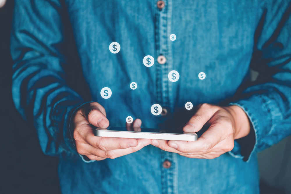 Phone with dollars icon floating