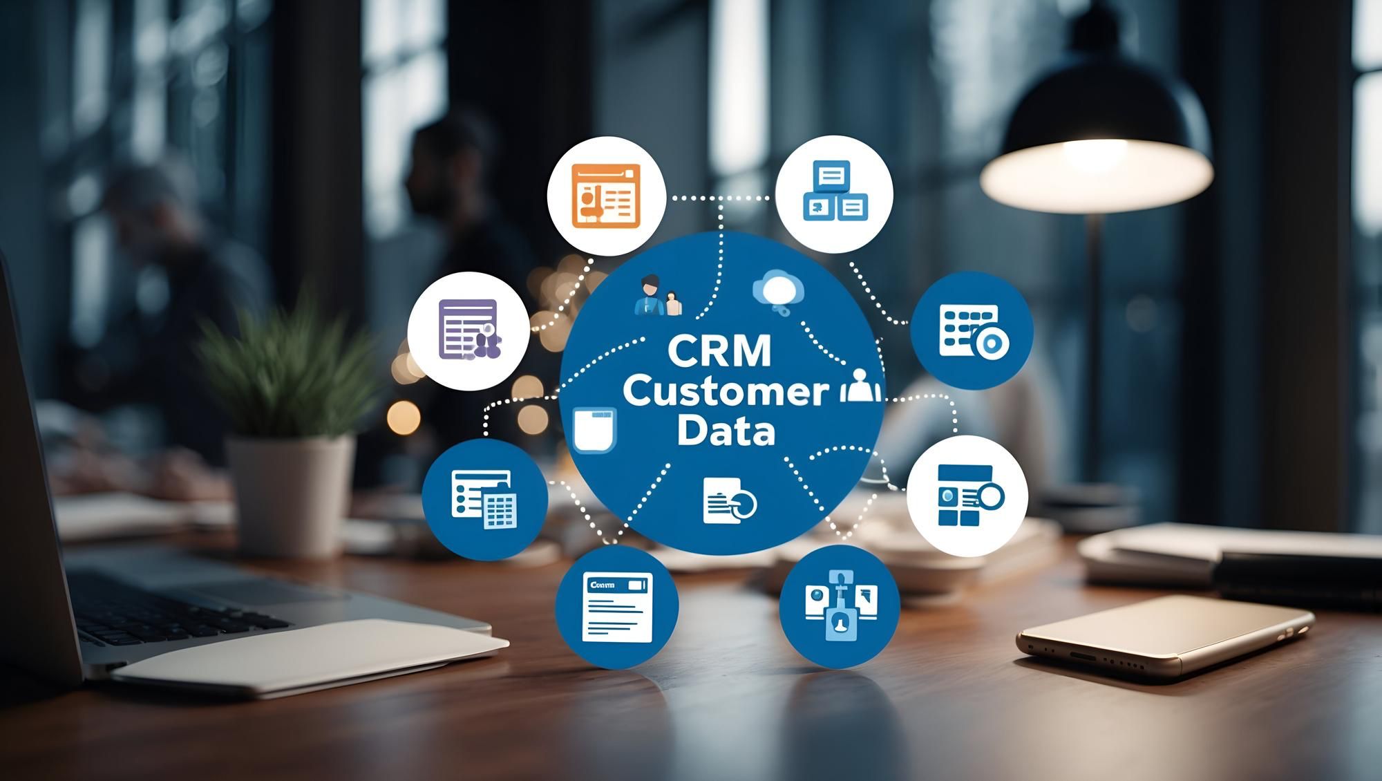 crm customer data and icon s around a desk 