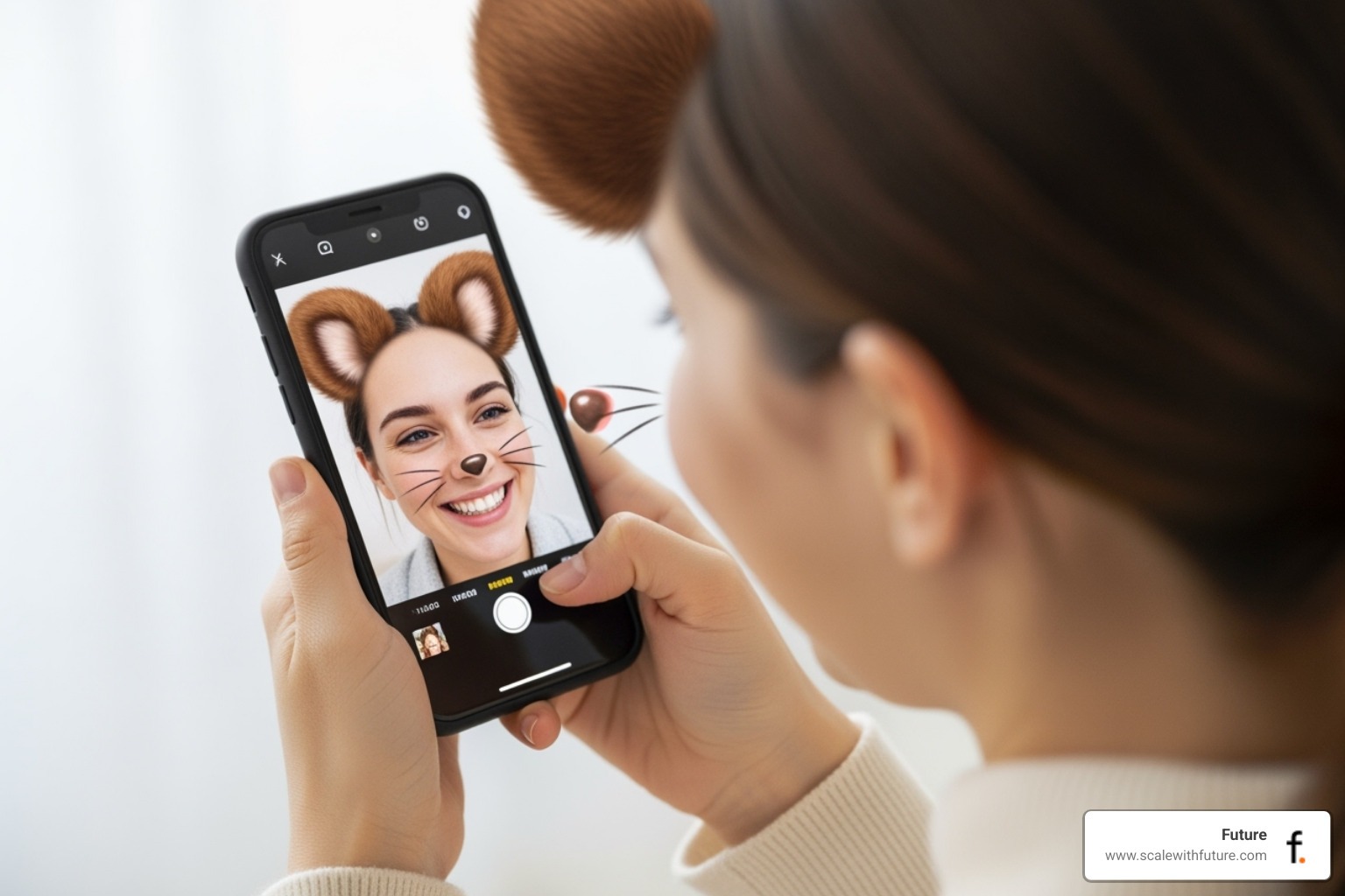 User interacting with a branded augmented reality filter on a smartphone, showing a playful overlay on their face - Creative production agency