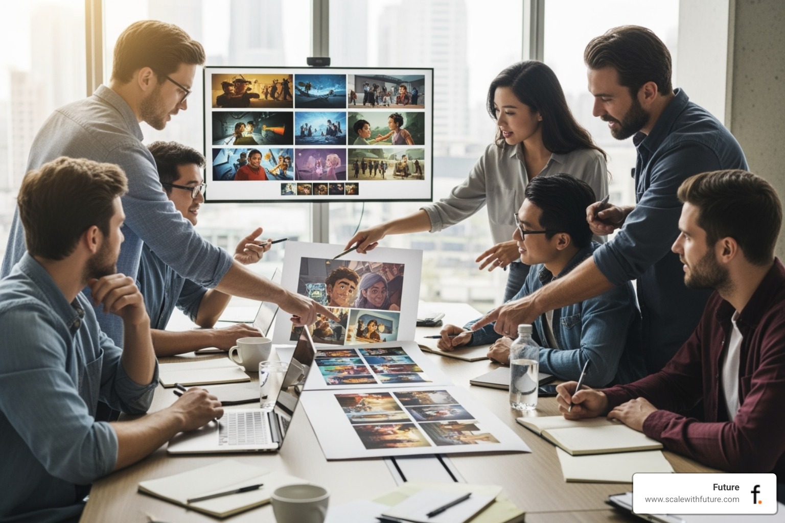 Client and agency team reviewing a project storyboard together, demonstrating collaborative process - Creative production agency