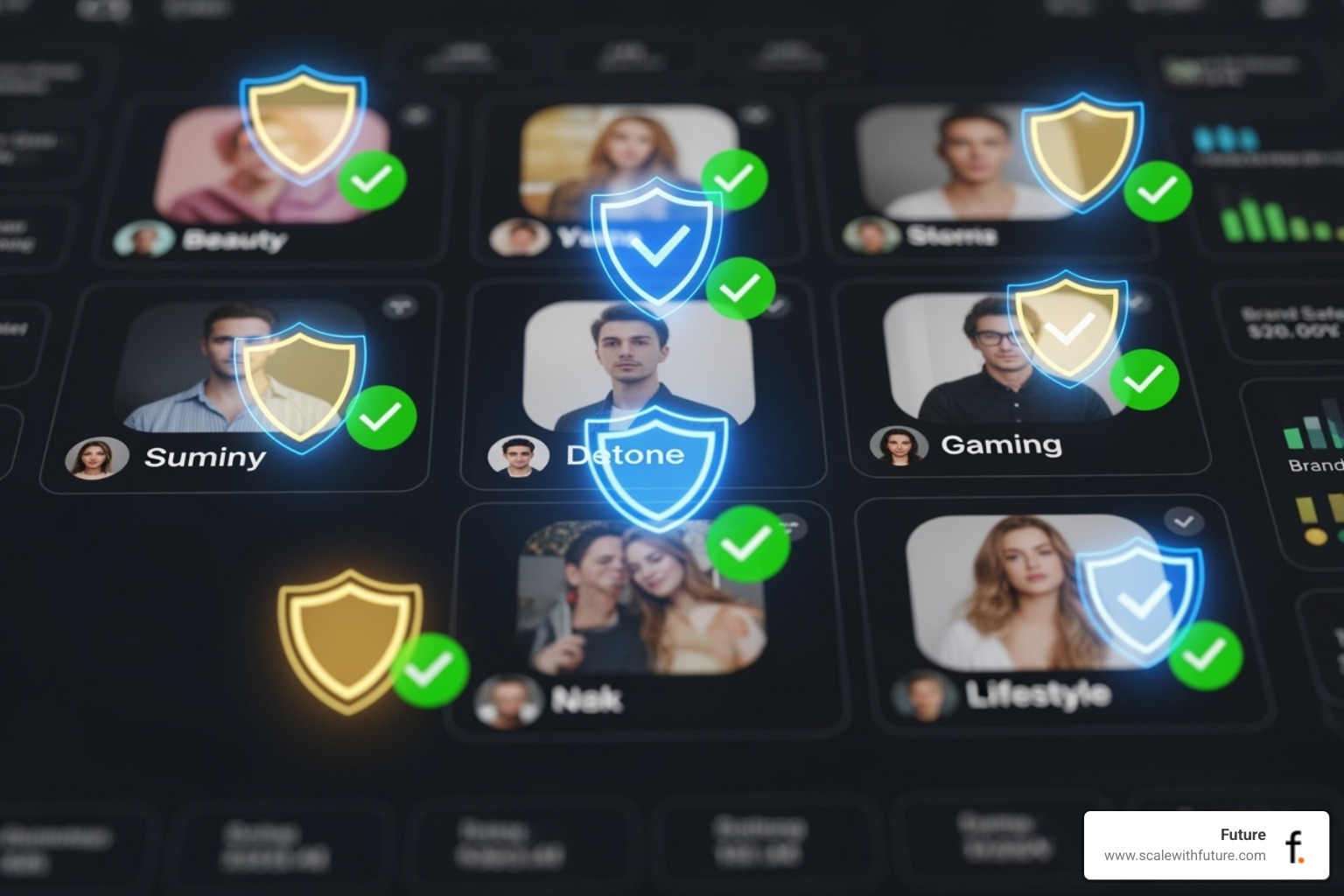 brand safety shields and checkmarks over influencer profiles - influencer marketing agency