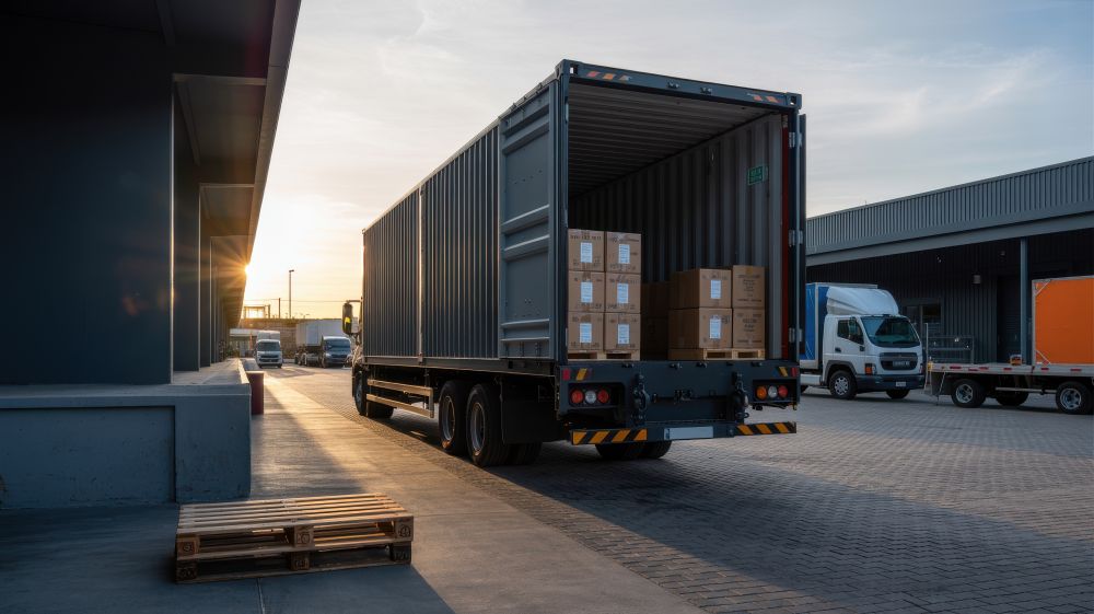 Truck with an open trailer carrying boxes at a loading dock.
