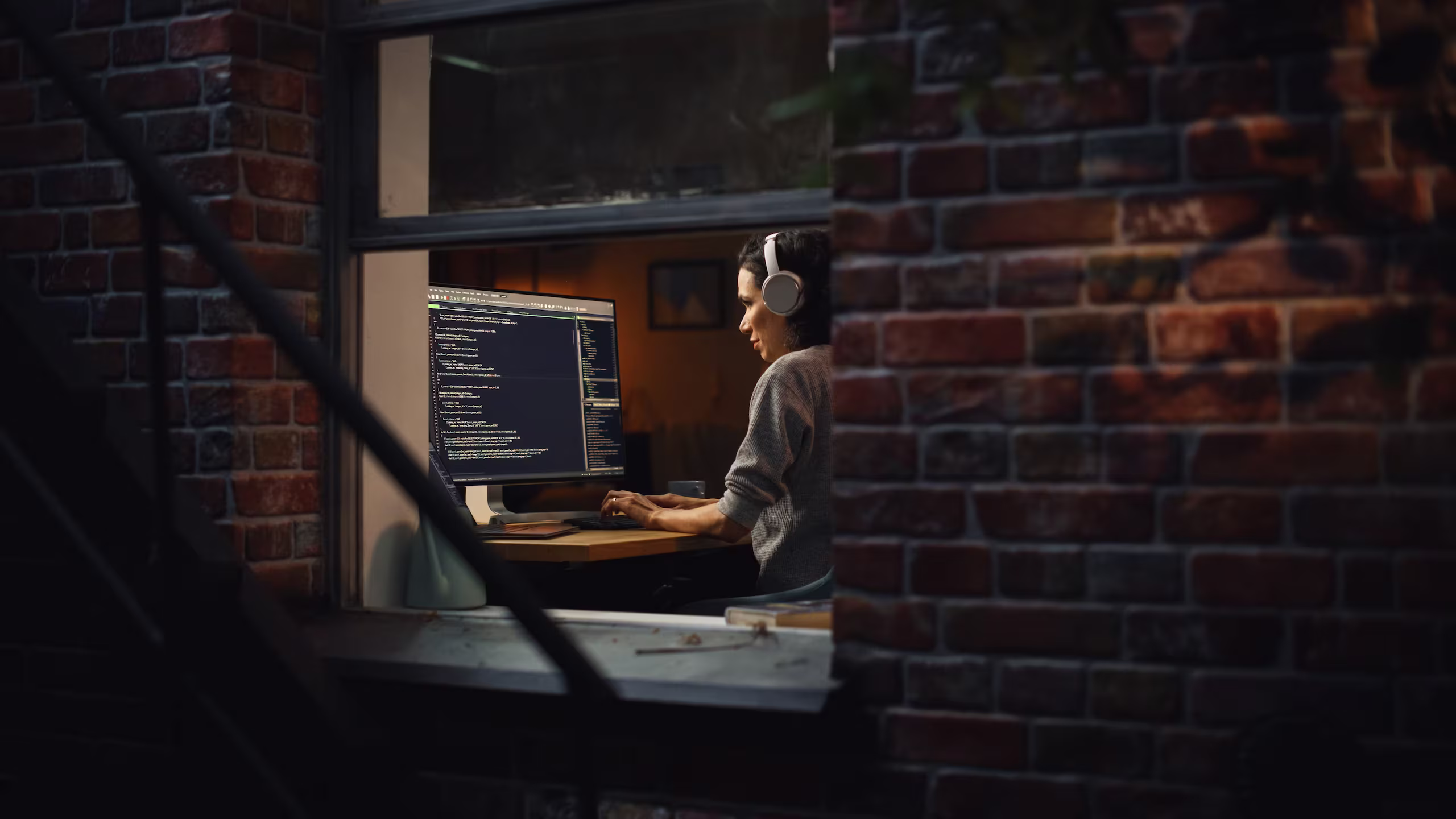 Person wearing headphones working at a computer, viewed through a window.