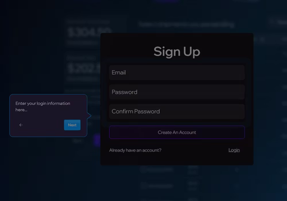 Guided sign-up screen with email and password fields and an account creation button.