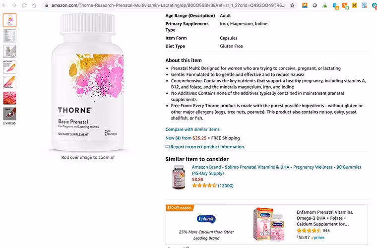 thorne listing on Amazon