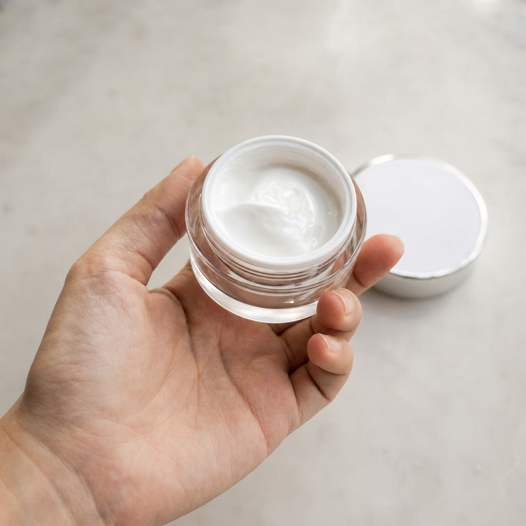 Square 1:1 close-up photograph of a single hand holding a small, elegant skincare jar open on a minimal light grey surface. N