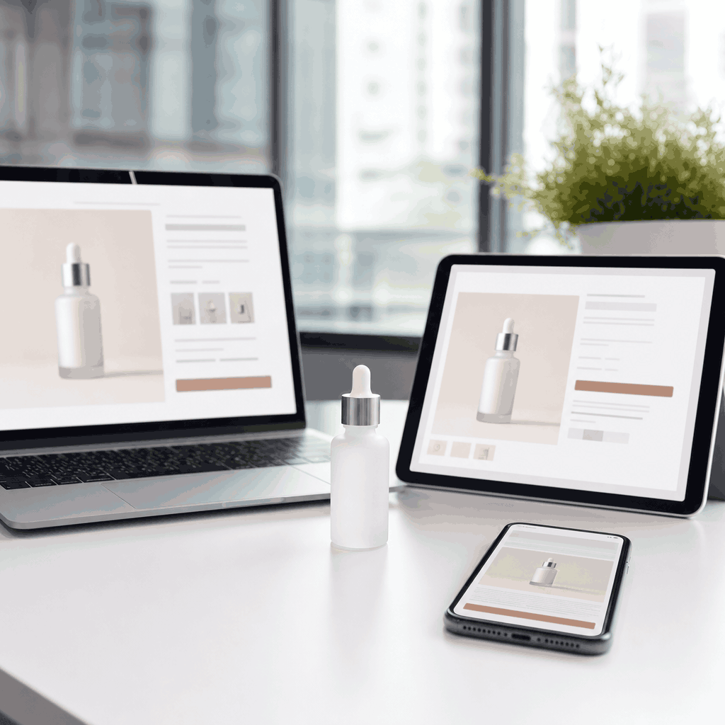 The same skincare product listing shown consistently on a laptop, tablet and phone