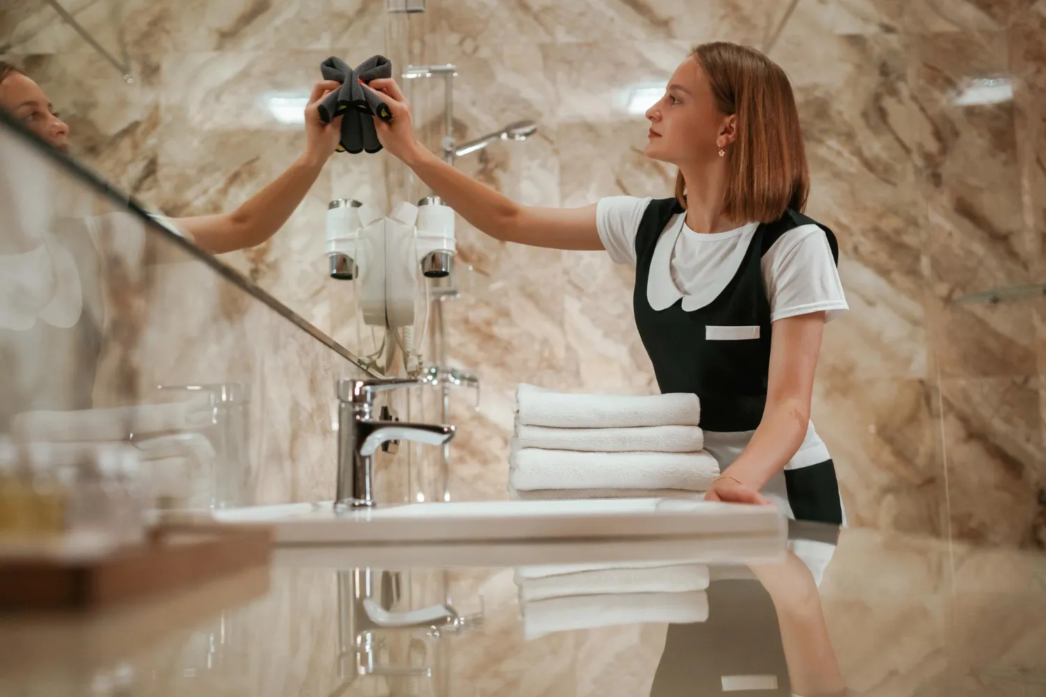 Zimmermädchen faltet Handtücher im modernen Badezimmer mit Spiegelreflexion