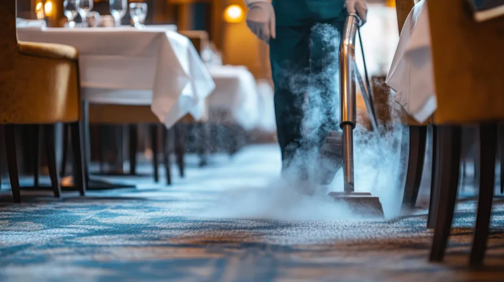 Mitarbeiter reinigt Teppichboden in Restaurantumgebung für einen gepflegten und einladenden Eindruck.