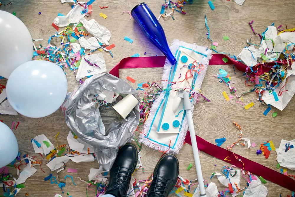 Reinigung nach Veranstaltung mit verstreutem Konfetti, Luftballons und Partyresten auf dem Boden.